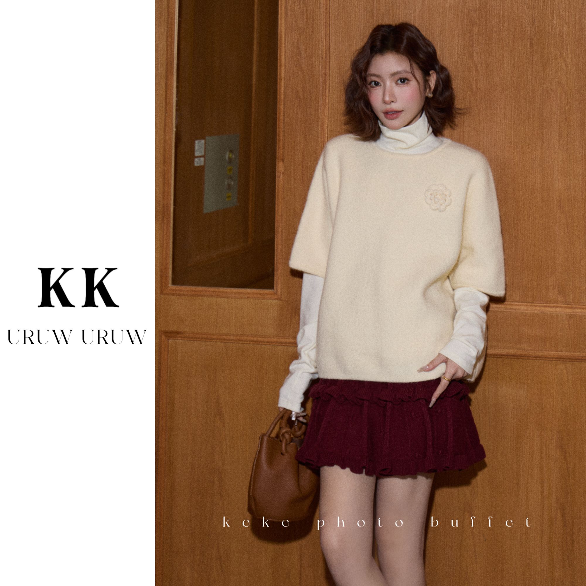 柯柯【温柔定格】小香风慵懒感绣花圆领针织叠穿套头毛衣KL462