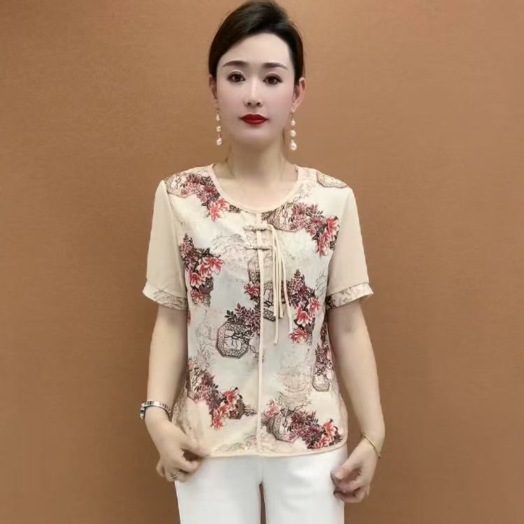 薄款新中式时尚中老年女装宽松休闲中年百搭上衣短袖