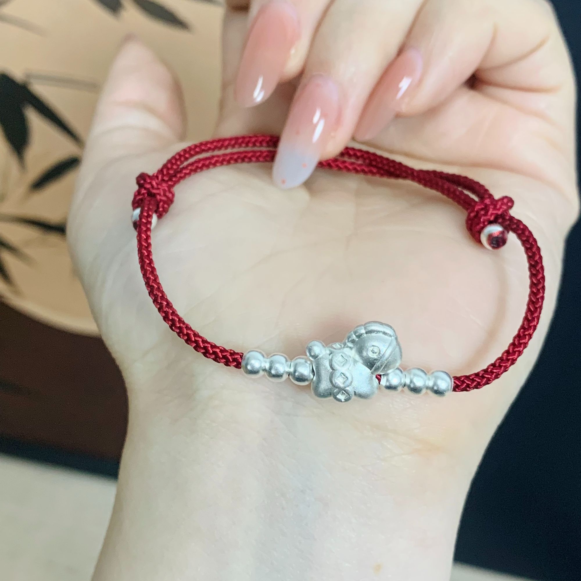 足银锦纶手链 足银999铜钱小马编织手链时尚百搭简约红手绳