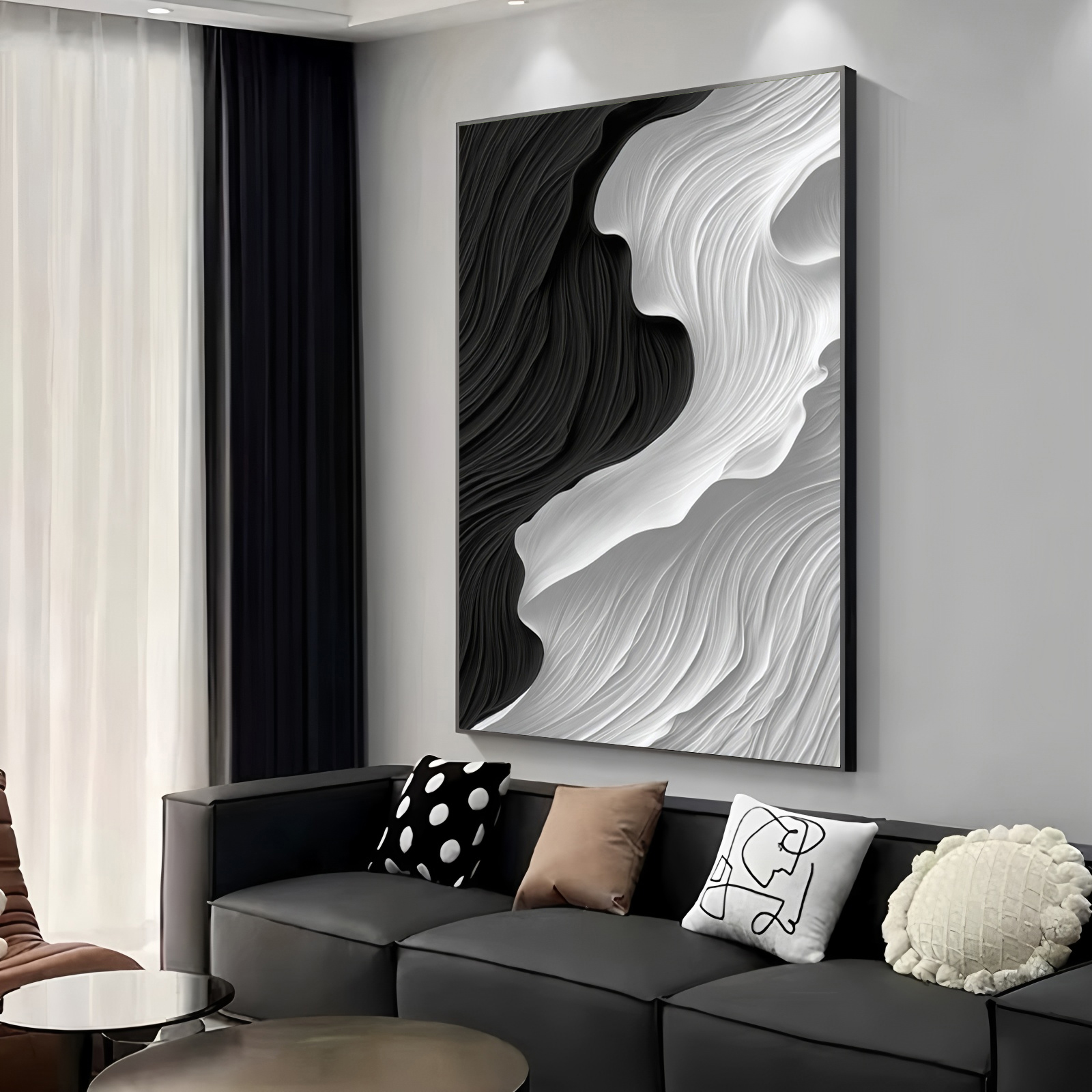 现代简约客厅装饰画黑白肌理感沙发背景墙挂画抽象艺术入户玄关画
