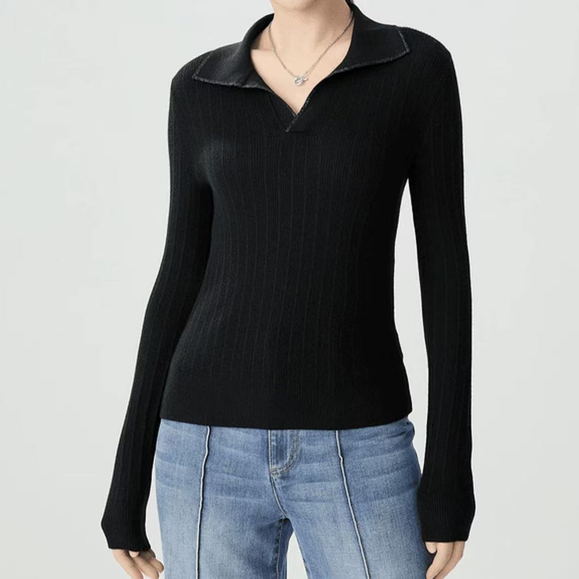 100%山羊绒品质女装新款时尚简约撞色V型翻领针织上衣女1399741