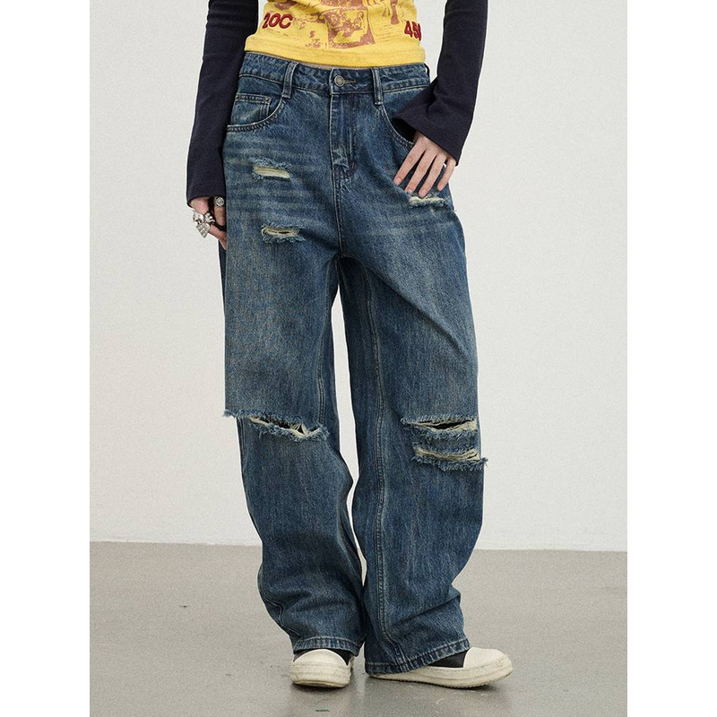 Achihara【碳酸牛仔裤】2025新款休闲阔腿裤破洞做旧拖地裤长裤子