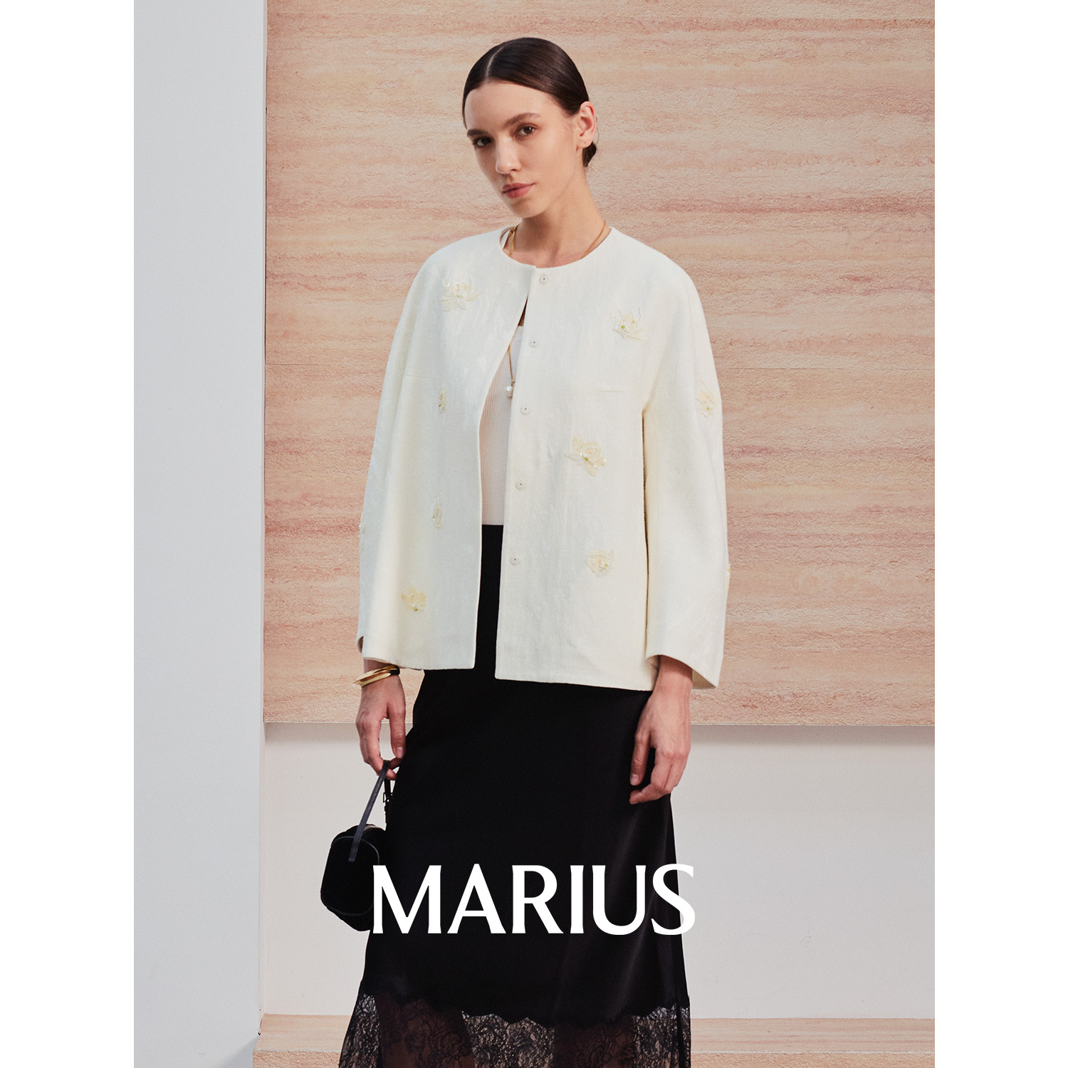 MARIUS | "爱莲说"绵羊毛混纺提花手工珠绣花优雅圆领新中式外套