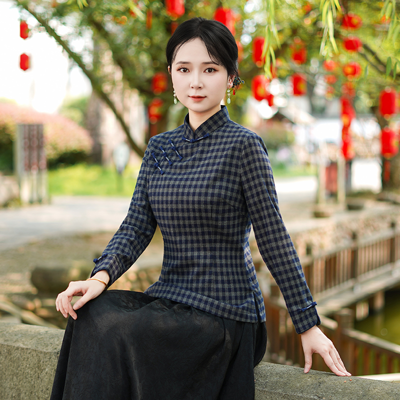 筠雅秋季新款复古改良新中式国风唐装女装斜襟长袖格子上衣25J335