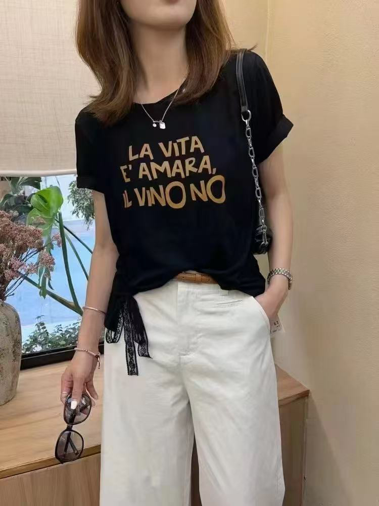 新款大码夏季穿搭8897韩版时尚设计感圆领短袖设计抽绳花边短袖