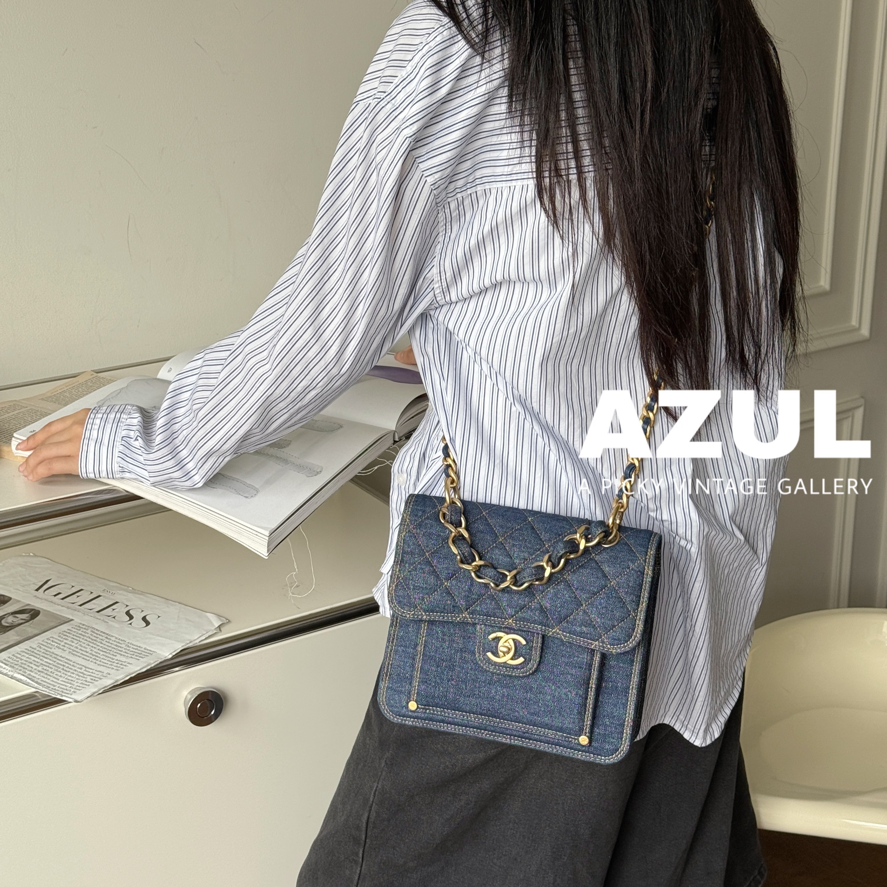 95新 Chanel/香奈儿 Azul-23S蓝色牛仔double you斜挎包 41241