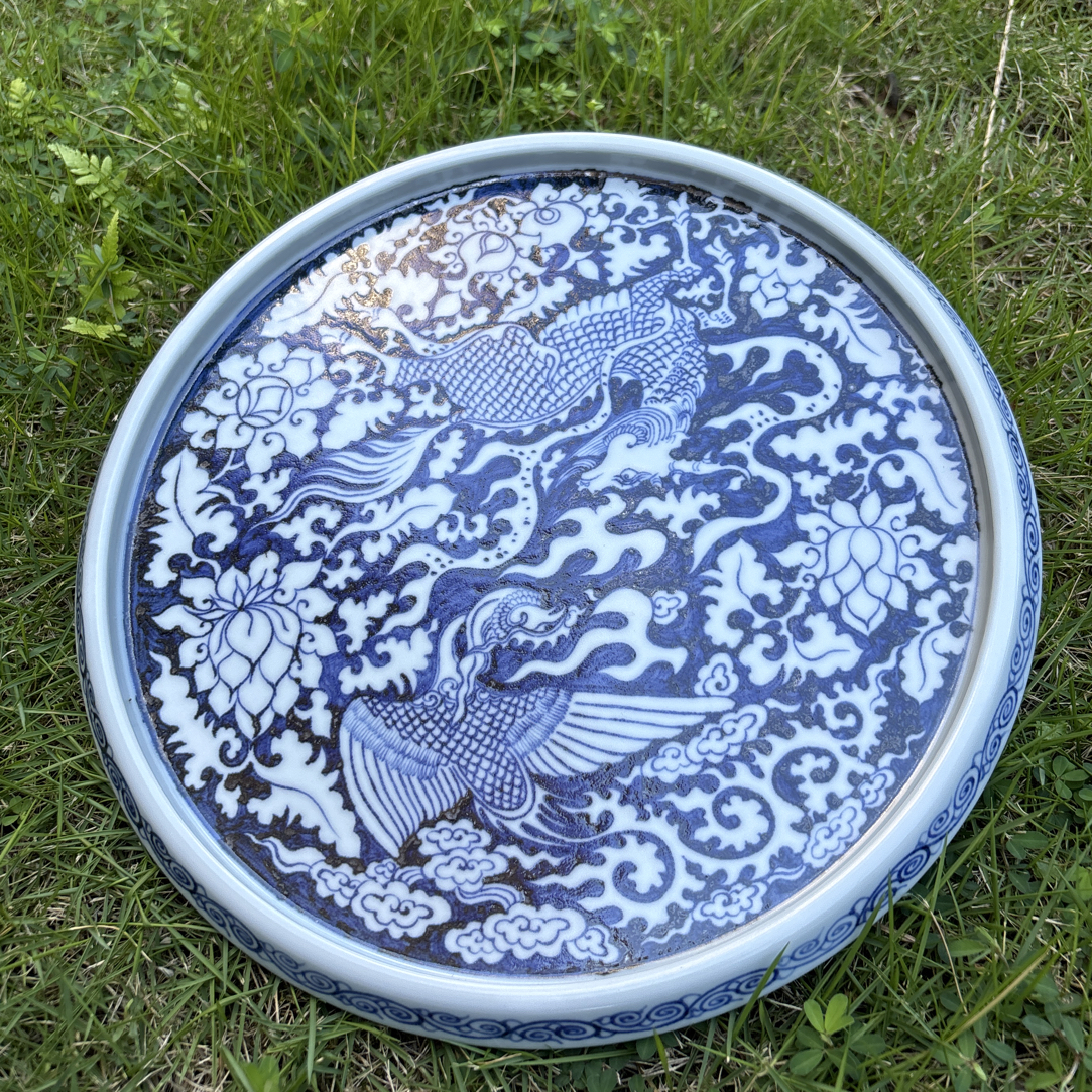 幽蓝溪堂克勤同款景德镇陶瓷仿元青花麒麟追凤大茶盘家用直径26