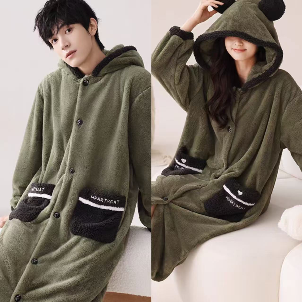 79-冬季情侣款森绿色熊单袍加厚加绒家居服