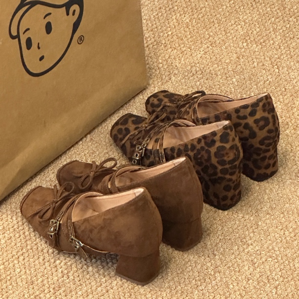 晚睡兰·内增高10cm方头蝴蝶结甜酷芭蕾鞋防水豹纹单鞋秋冬高跟