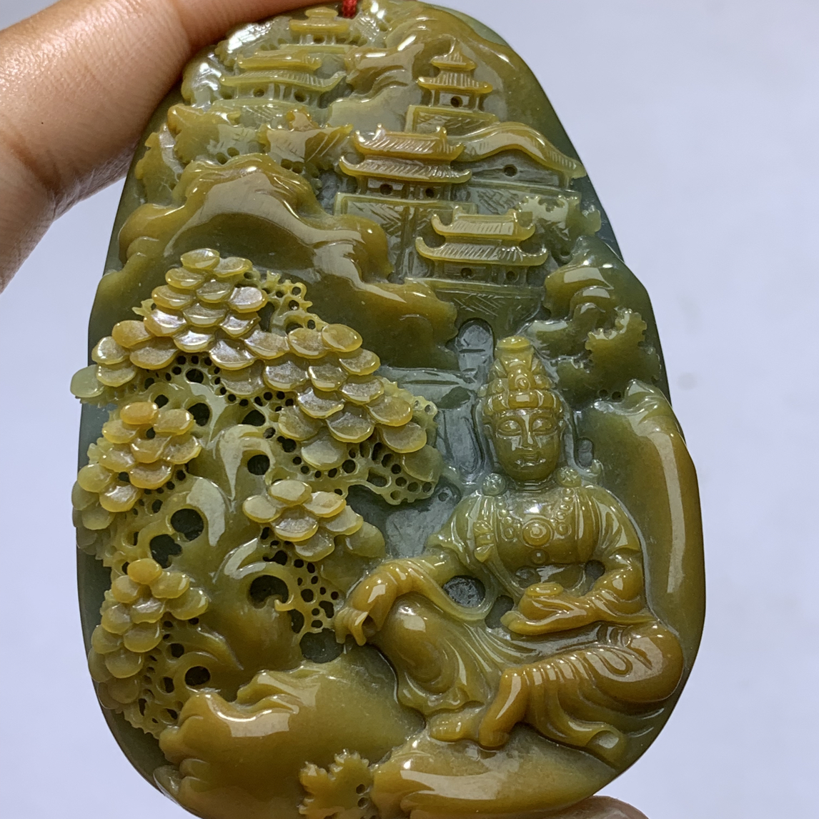 天然翡翠Ａ货黄翡精雕纯手工山水观音守护吊坠