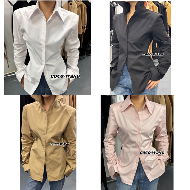 衬衣修身纯色简约长袖收腰衬衫（有垫肩）百搭基础款#8061