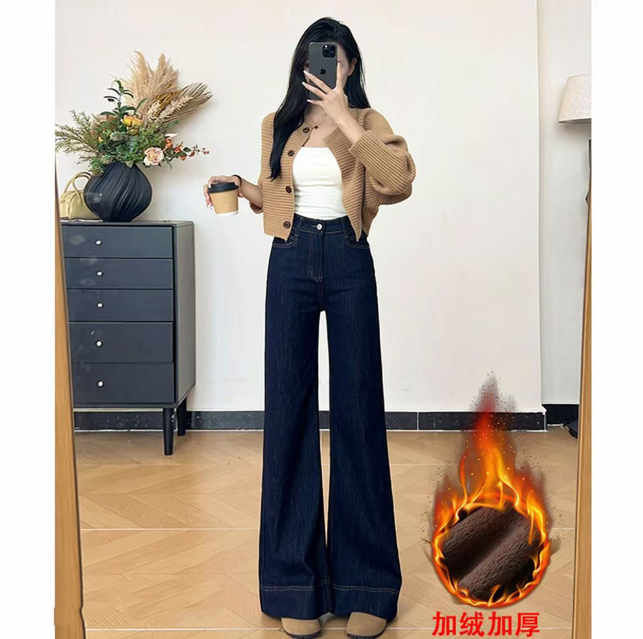 1丹宁蓝高腰直筒微喇加绒加厚牛仔裤女秋冬2025新款阔腿高级感裤