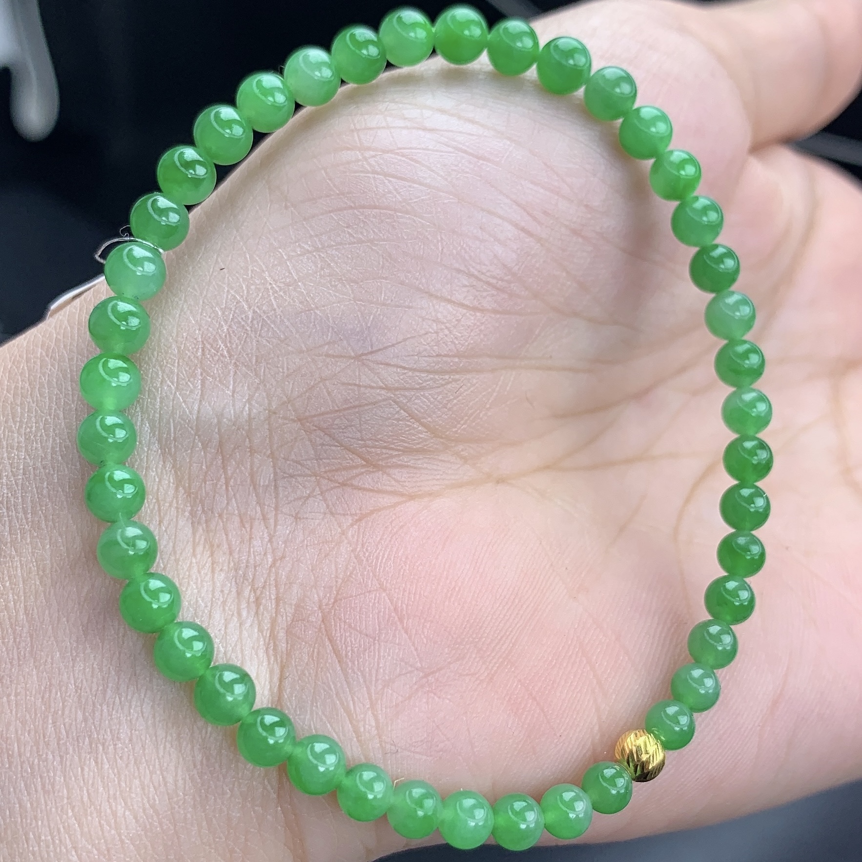 缅甸A货翡翠浓绿色圆珠手链手串单圈T卡4-4.5mm