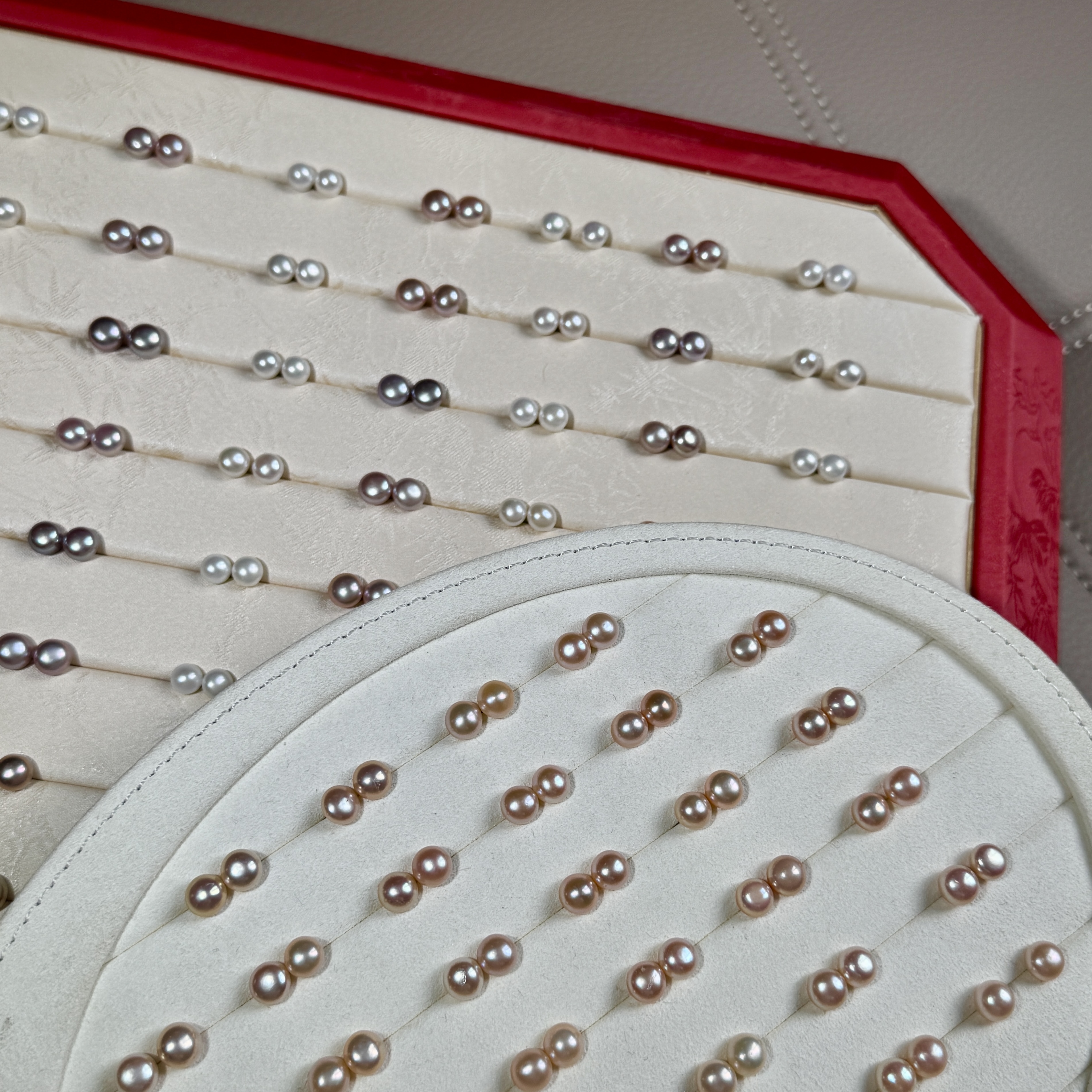 E01【真珠佳人】S925银淡水无核耳钉（粉紫白）三对6-7mm