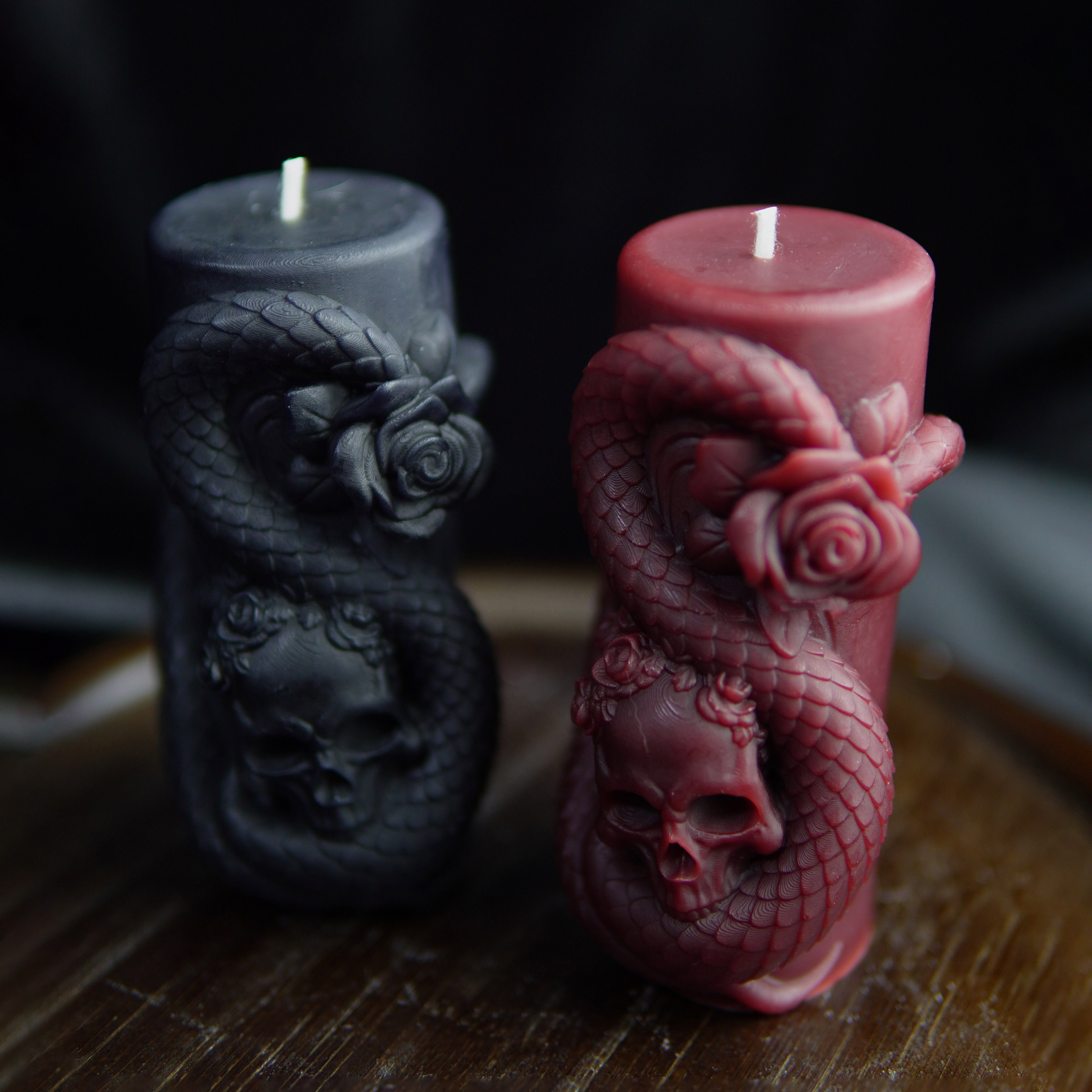 「花蟒柱」香薰蜡烛骷髅头柱体雕花摆件低温感手工