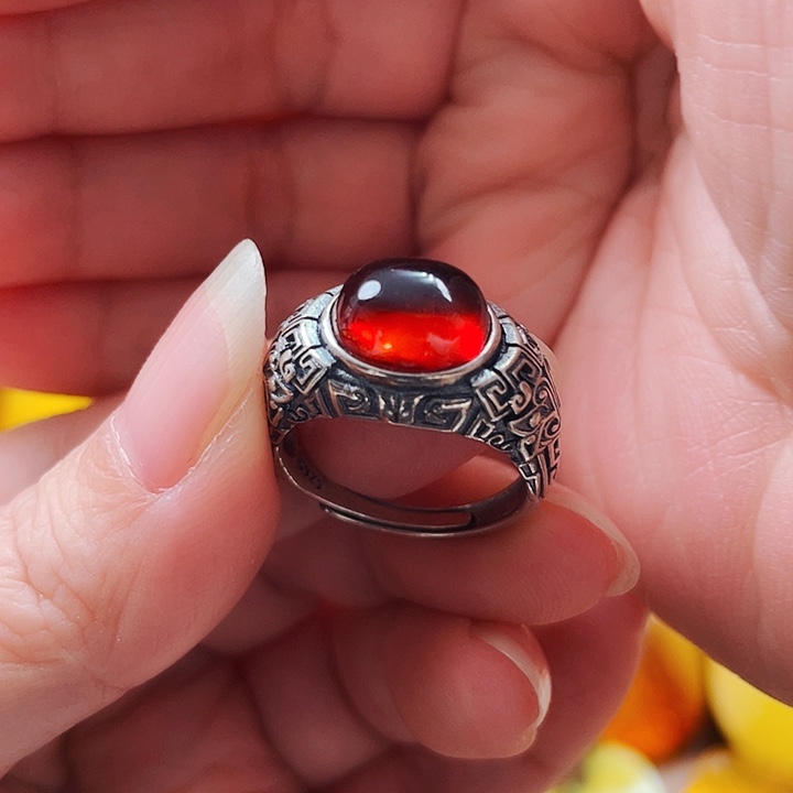 琥珀戒指银S925镶嵌戒指