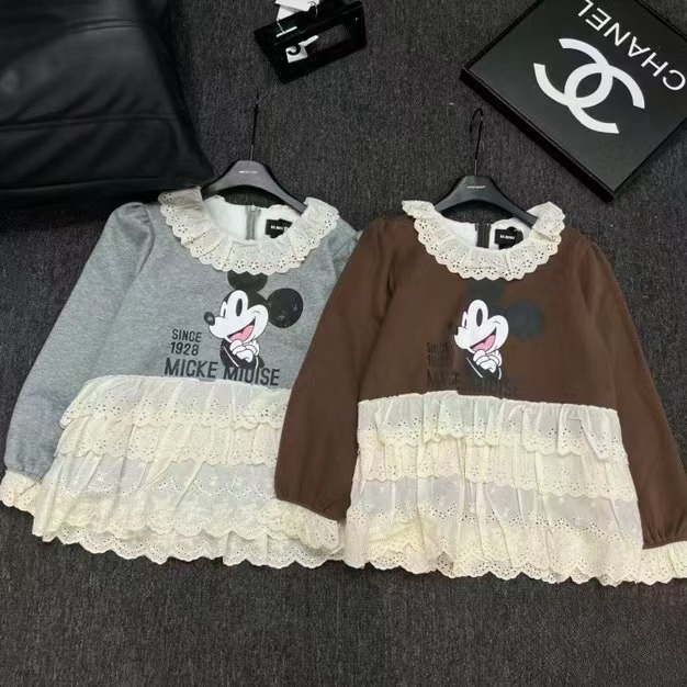 NICE圈圈、原单娃娃领拼接蕾丝趣味米奇印花加绒卫衣A7597