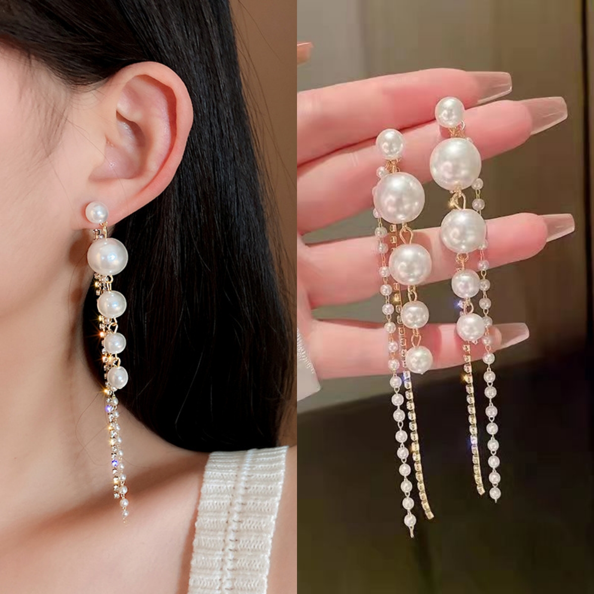 合金耳饰 法式镶钻仿珍珠流苏耳环个性长款耳坠时尚气质潮流耳钉