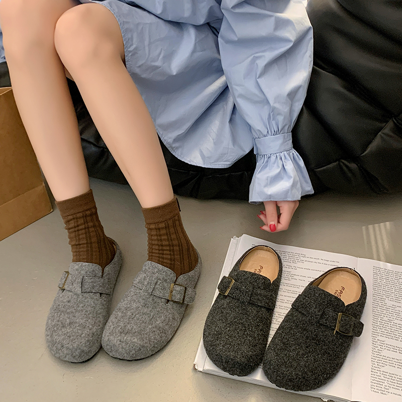 复古呢子厚底勃肯鞋包头半拖2025春秋新款外穿单鞋女百搭博肯鞋女