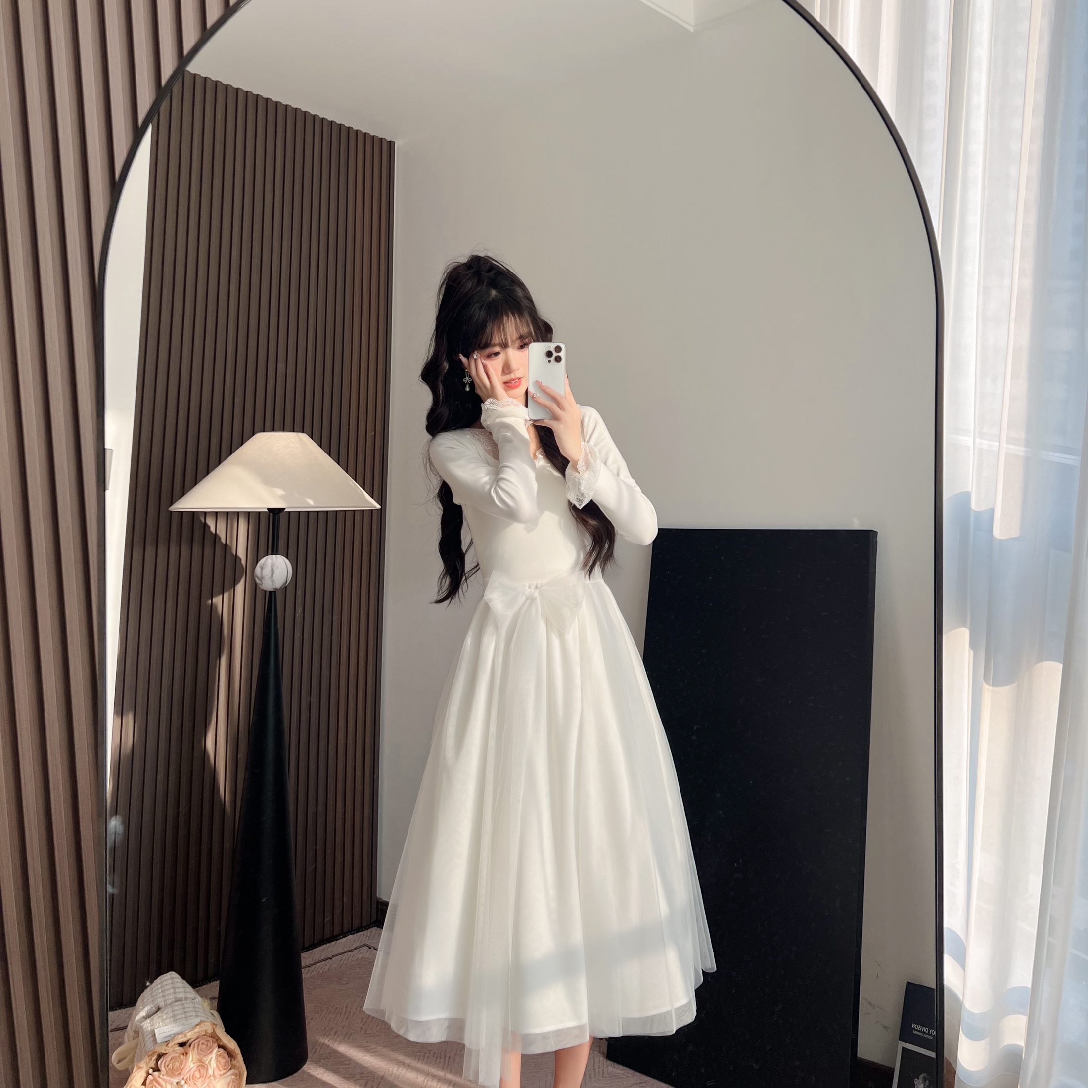 花崎鹿原创白色恋歌纯欲风连衣裙蕾丝网纱拼接长裙长袖超仙初恋感