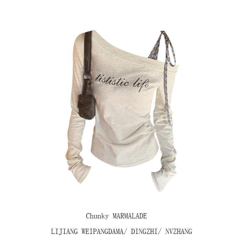 大码设计感格子绑带斜肩长袖t恤女早秋新款别致修身显瘦百搭上衣