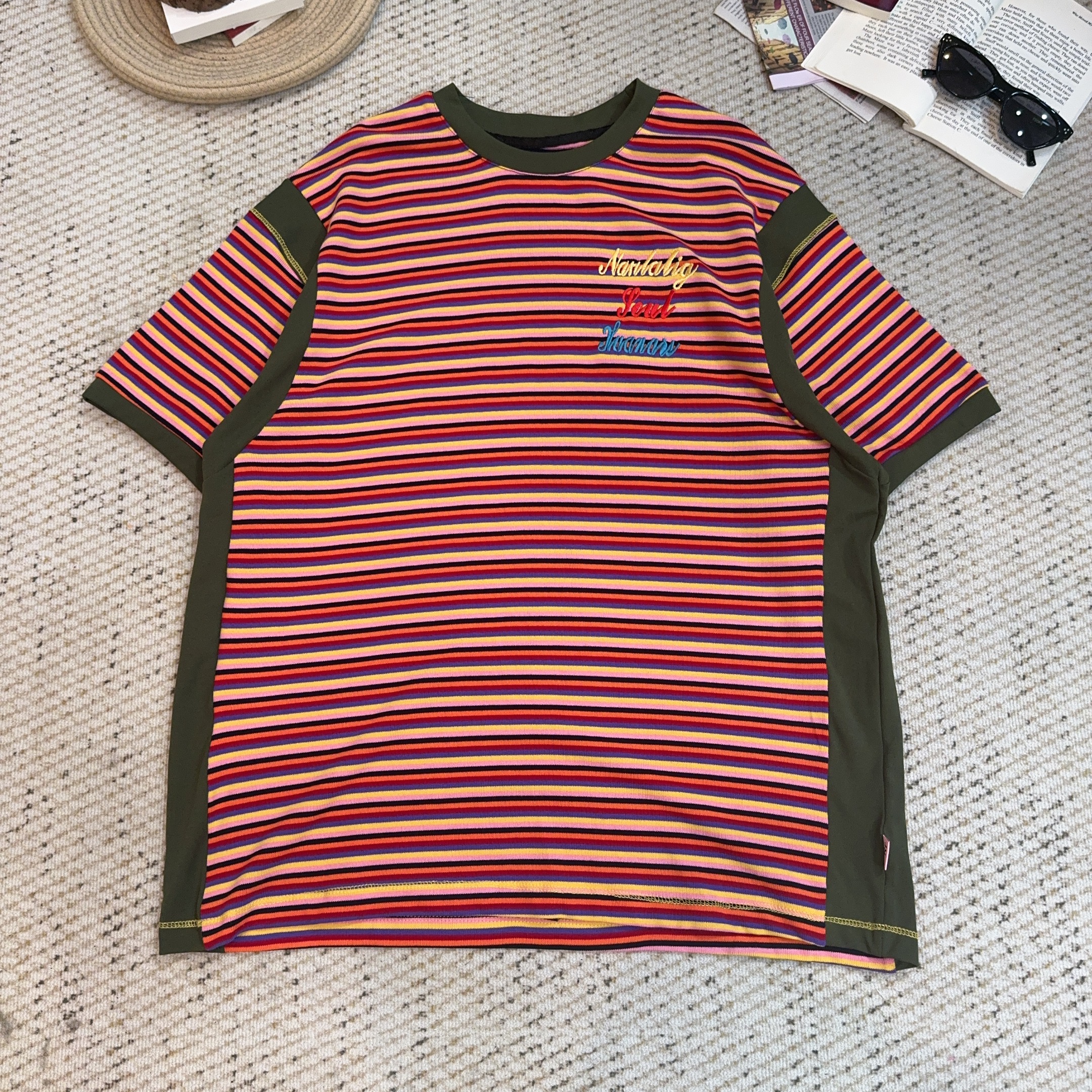 2025夏季新款宽松百搭字母印花条纹短袖T恤3942