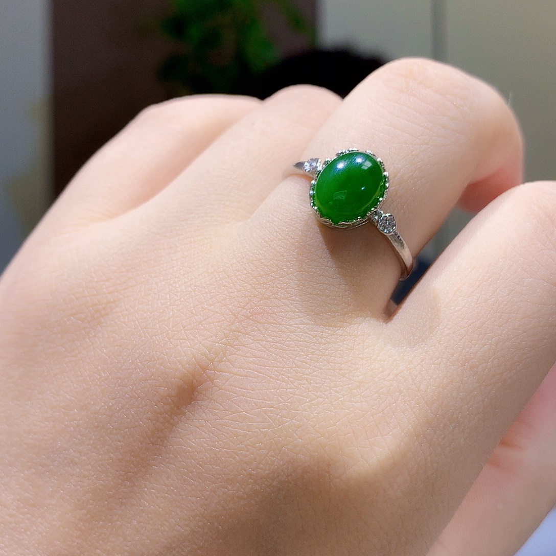 和田玉（碧玉）戒指银S925镀金镶嵌