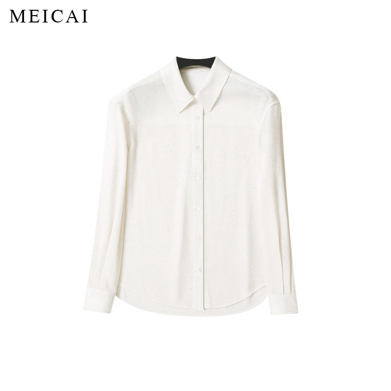 美裁 新款 醋酸亚麻天丝珠片定织翻领衬衫女士精致休闲通勤上衣