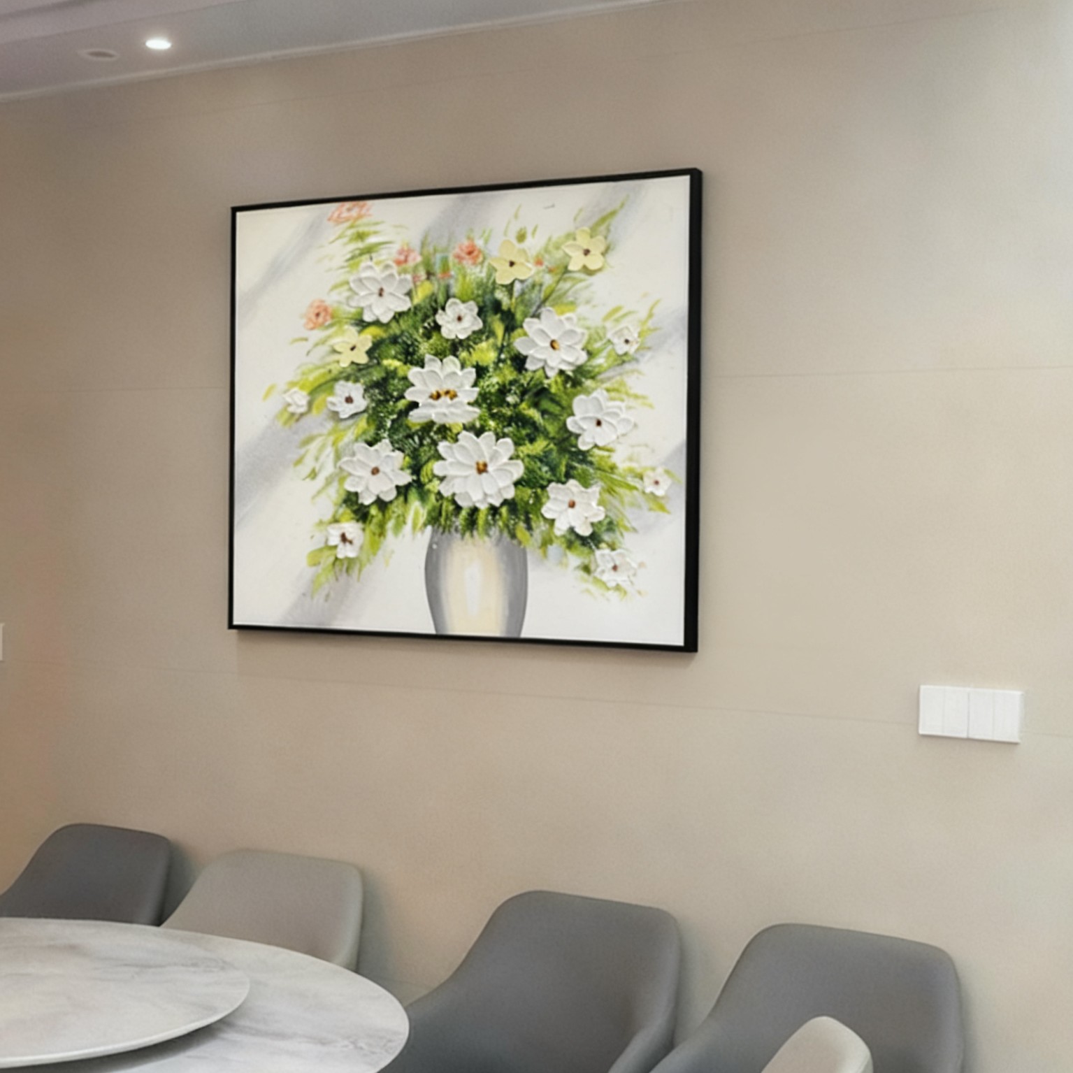 《白茶花》现代简约风餐厅装饰画肌理手工油画雅致小清新