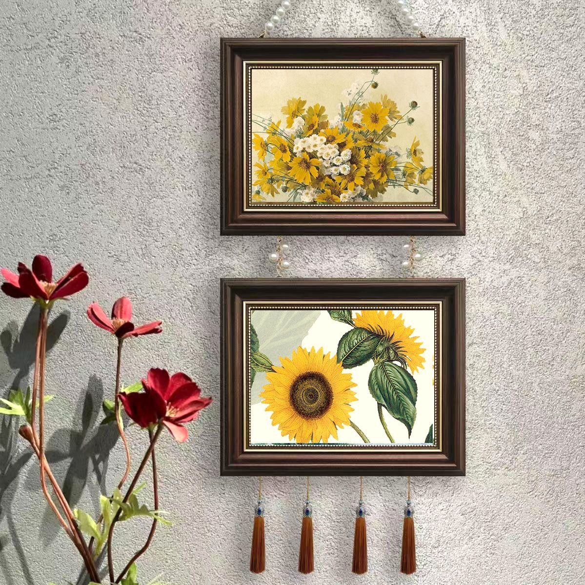 法式装饰画挂画两联带珠链现代欧式餐厅客厅沙发两联流苏L