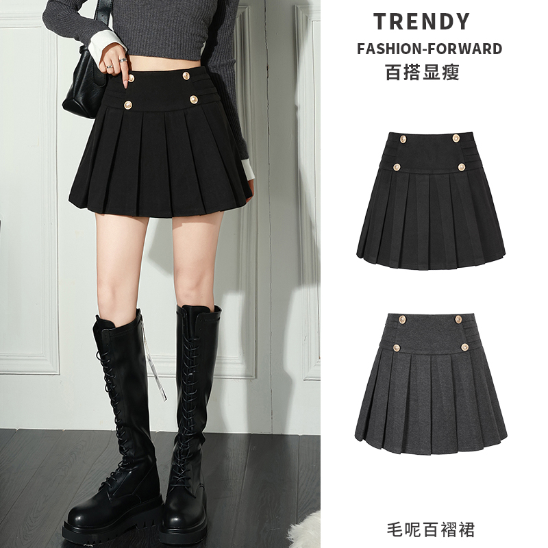 2025新款毛呢百褶裙秋冬款女小个子休闲高腰显瘦a字灰色半身裙