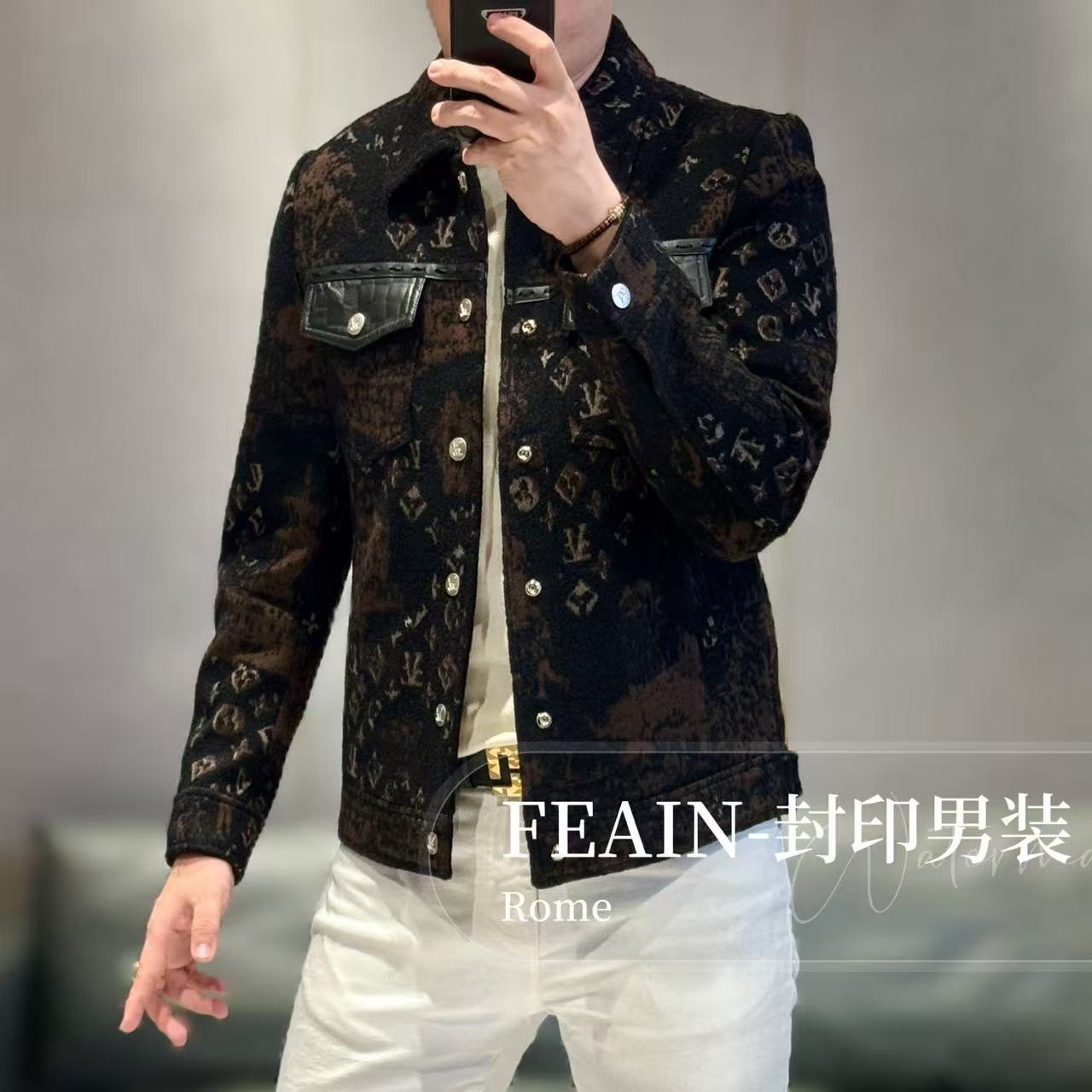 【雷迪·凯奇】进口羊皮拼接羊毛混纺提花休闲夹克J8820