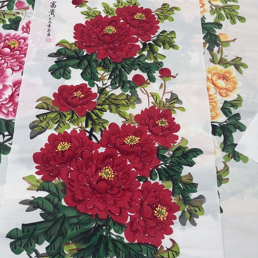 国画国画作品原稿四尺竖白底红色