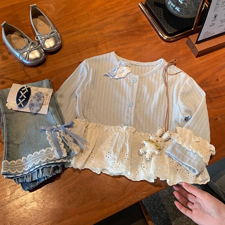 女童套装针织开衫外套甜美公主2025新款春秋小童女宝宝洋气牛仔裤