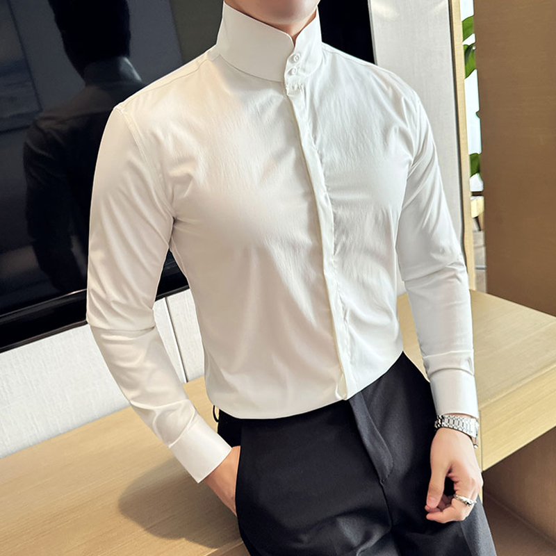 新中式立领衬衫男长袖高级感商务休闲百搭修身纯色高领暗门襟衬衣