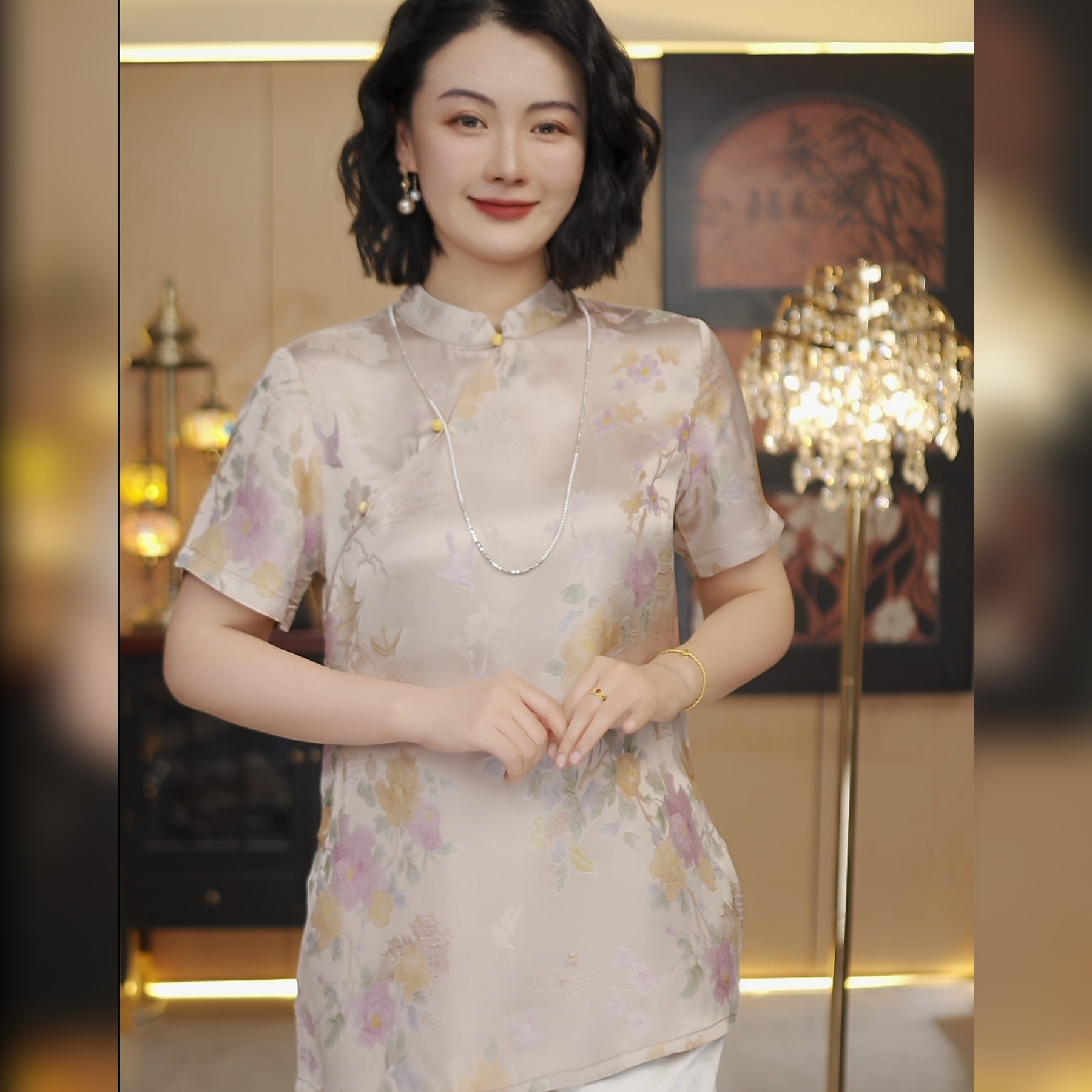 《楼阁》短袖斜襟碎花立领提花上衣复古时尚中国风日常优雅