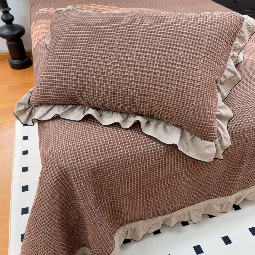 小茹家居 新款复古绗缝色织水洗棉床盖