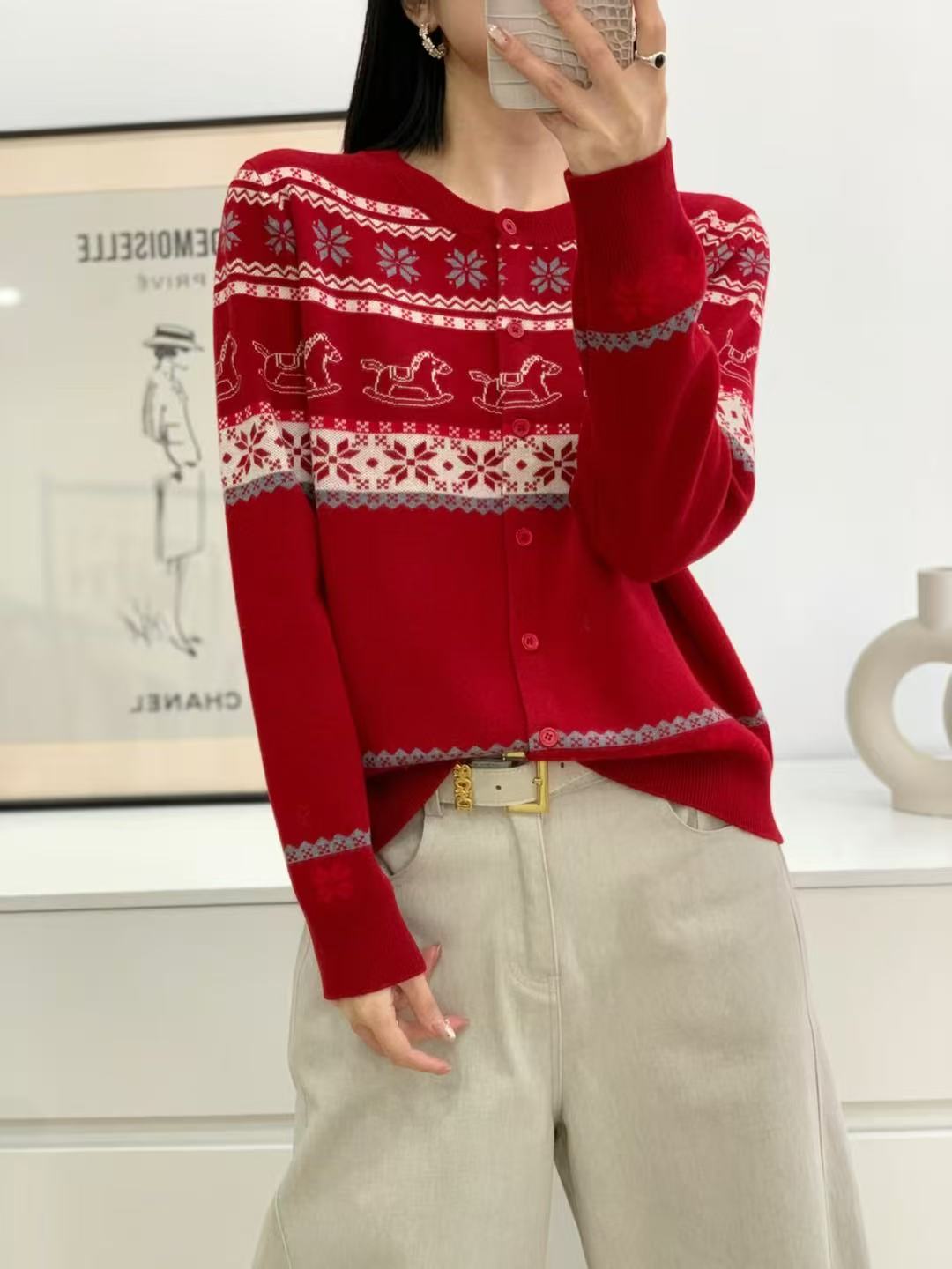 2025圣诞红色新年款费尔岛小木马针织衫时尚百搭款
