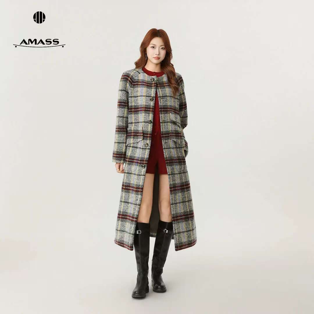 AMASS/阿玛施秋冬高级感复古格纹双面呢气质百搭绵羊毛大衣540093
