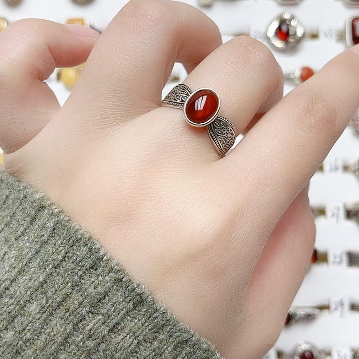 血珀戒指银S925镶嵌天然