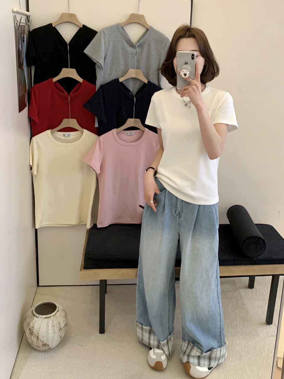 夏季女款修身基础打底短袖内搭百搭款T恤棉质透气正肩短袖681