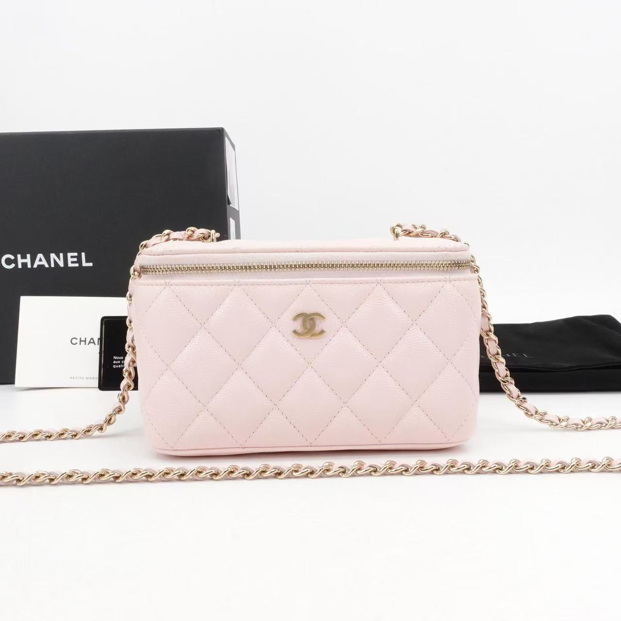 99新 Chanel/香奈儿 长盒子粉色金扣荔枝牛皮单肩包/33326054