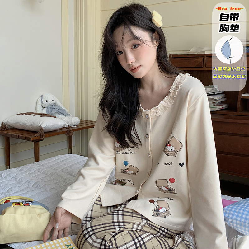 女孩家居服长袖长裤带胸垫女生圆领秋冬季新款卡通睡衣套装可外穿