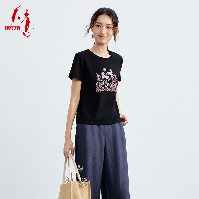 TANGY/天意2026春季新品民族风印花圆领休闲女士T恤W262005