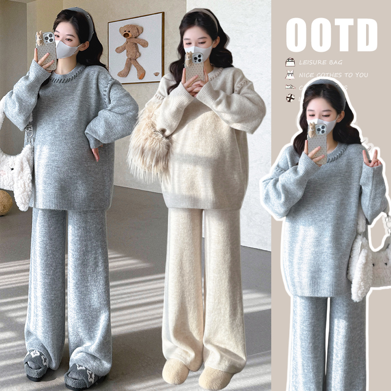 秋冬套装韩版时尚宽松加厚高级设计领毛衣+阔腿裤两件套