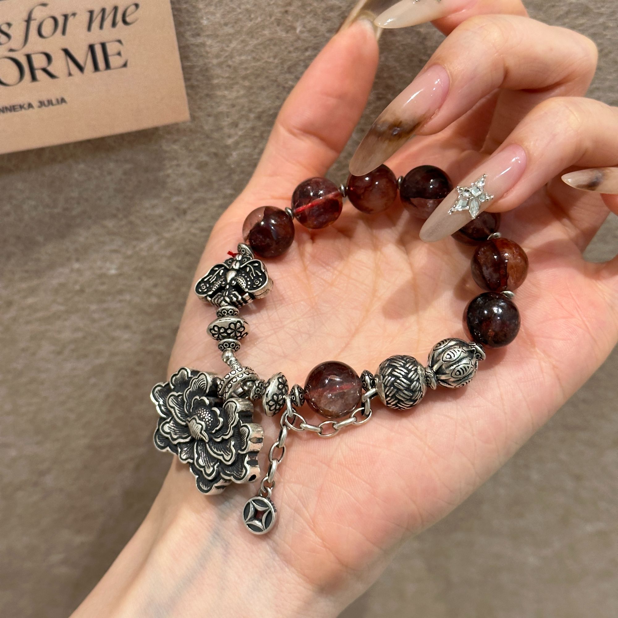 925银手链 S09888 红胶花富贵花开牡丹花吊坠鱼纹瓜珠弹力手串