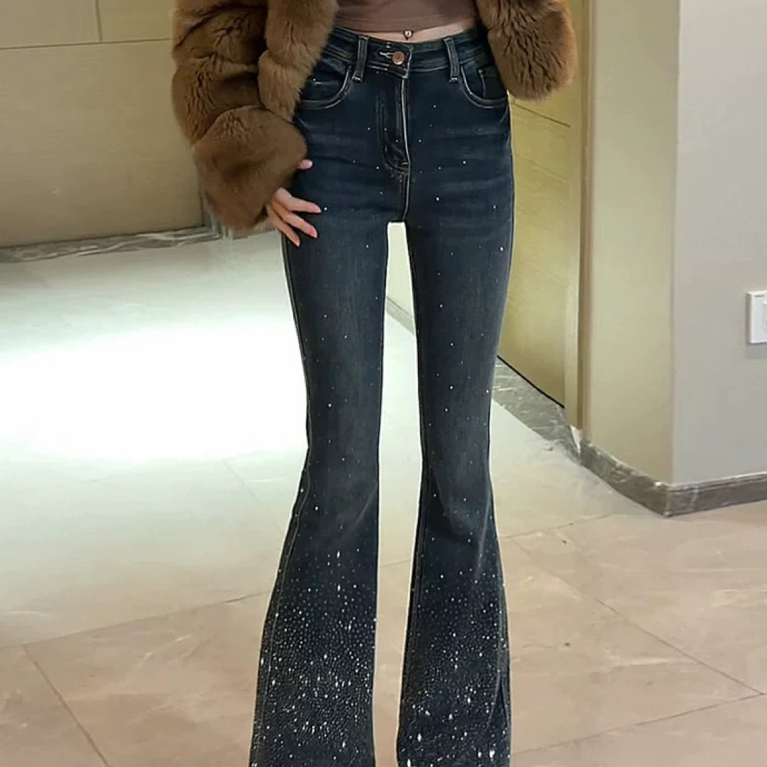 小梅欣妍6号烫钻加绒加厚高腰微喇牛仔裤女款保暖显瘦