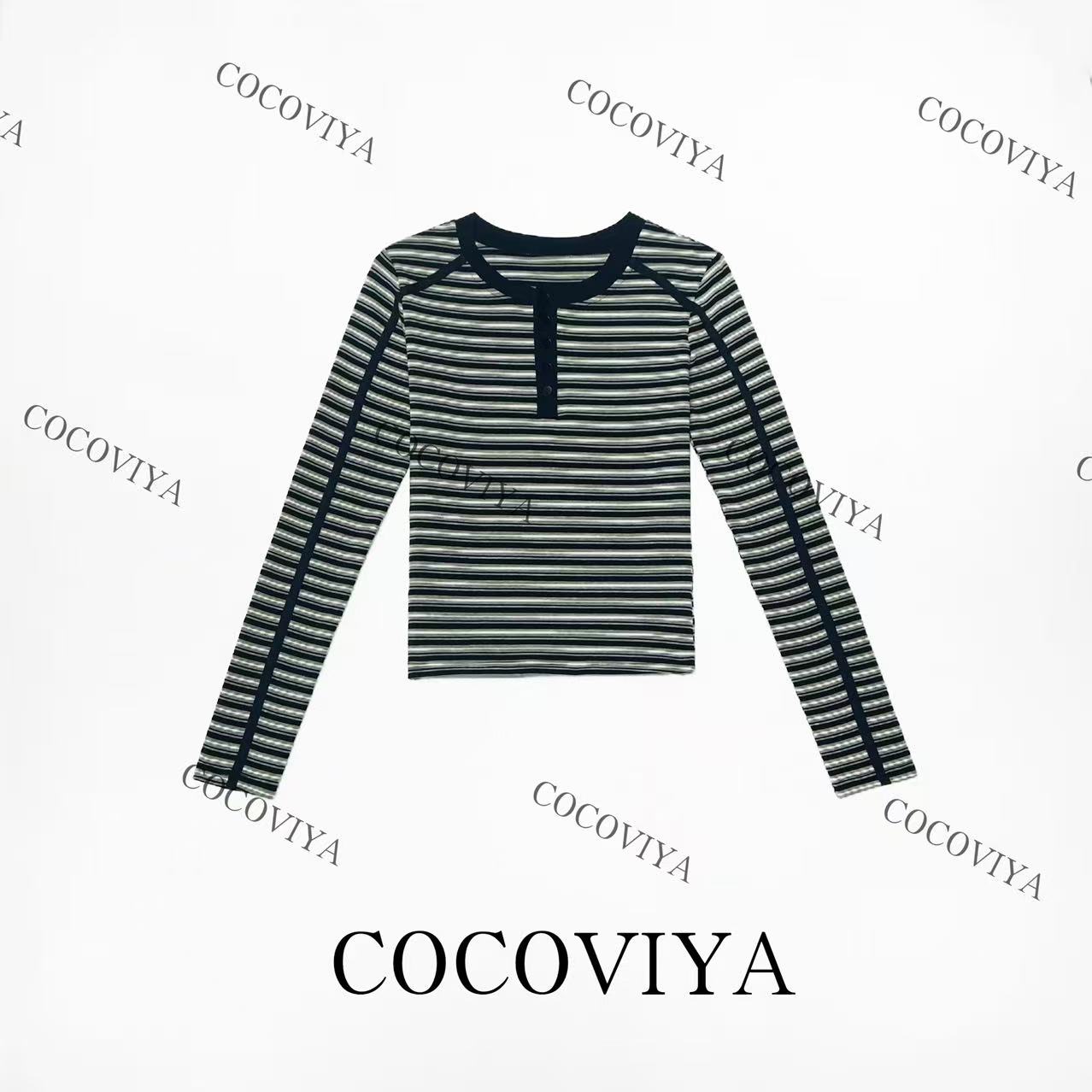 COCOVIYA【C】2025幽蓝条纹轻熟风长袖T恤遮肉显瘦休闲上衣26C-873