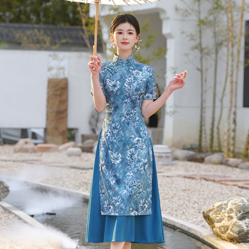 新中式旗袍连衣裙女2025新款修身气质改良日常长款复古奥黛旗袍裙