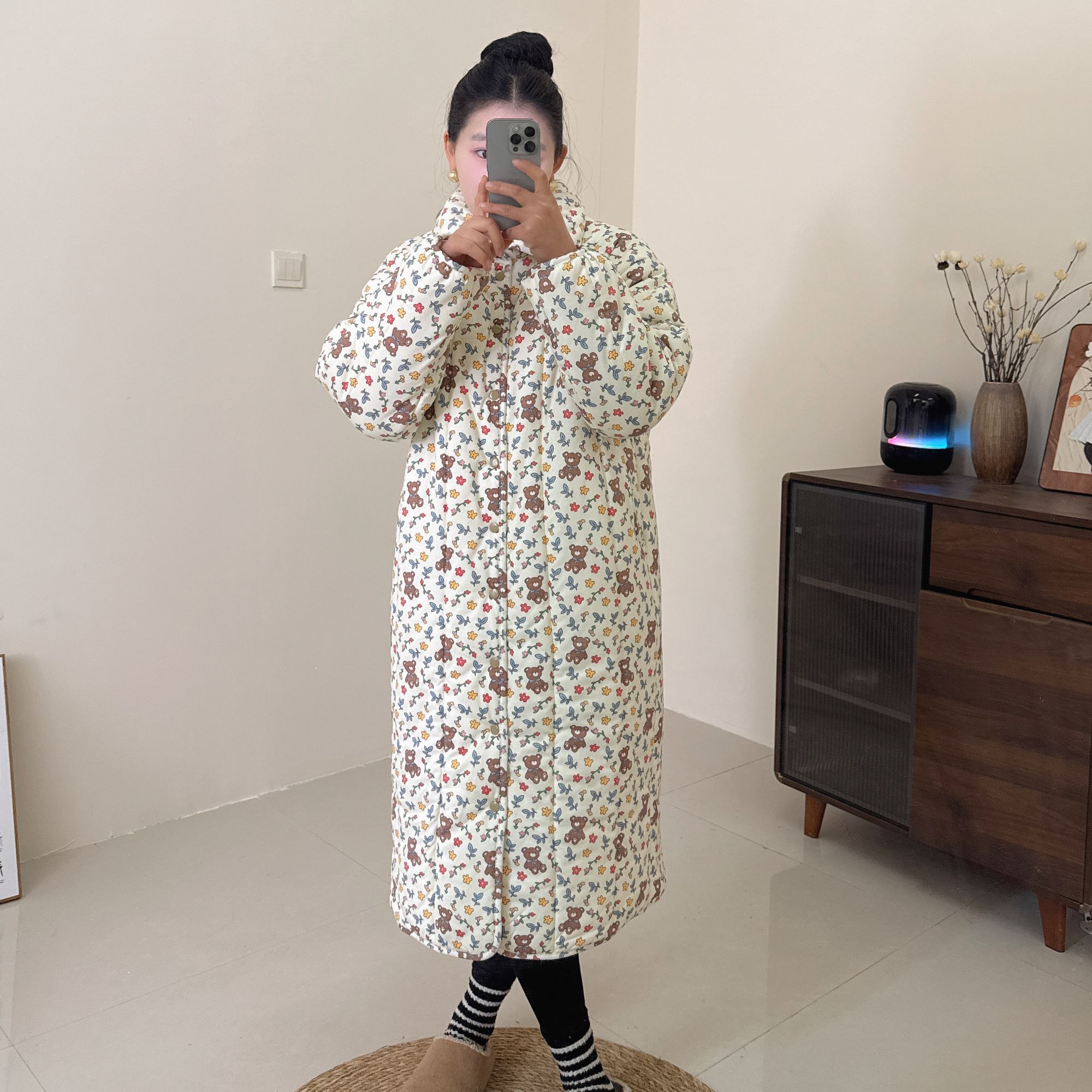 【花朵小熊】300g新疆棉立领直筒大长款宽松家居服棉衣